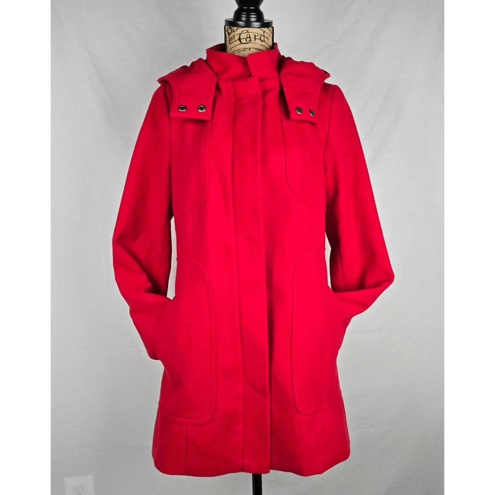 Merona Womens Red Hooded Pea Coat Jacket Zip Snap‎ Front Medium